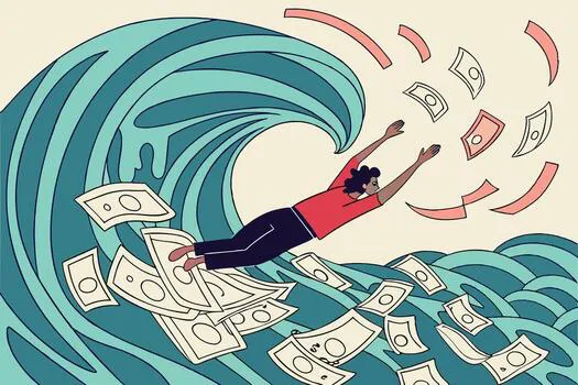 a-modern-illustration-of-a-drowning-person-surrounded-by-bills-credit-cards-and-paperwork-capturing-the-stress-of-debt-and-financial-pressure-vector