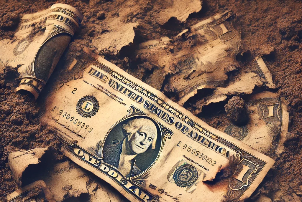 DALL·E-2024-10-25-09.18.59-A-close-up-of-U.S.-dollar-bills-scattered-on-a-dirt-floor-some-partially-burned-others-torn-with-some-ripped-in-half.-The-image-has-a-sepia-color-t-e1729858795680