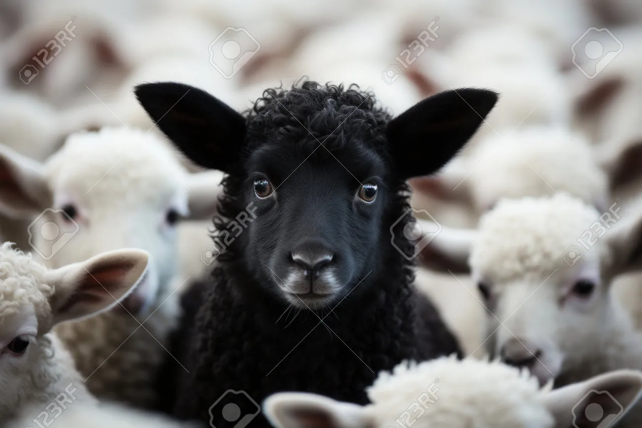 212669049-una-oveja-negra-en-un-rebaño-de-ovejas-blancas-ai-generativa