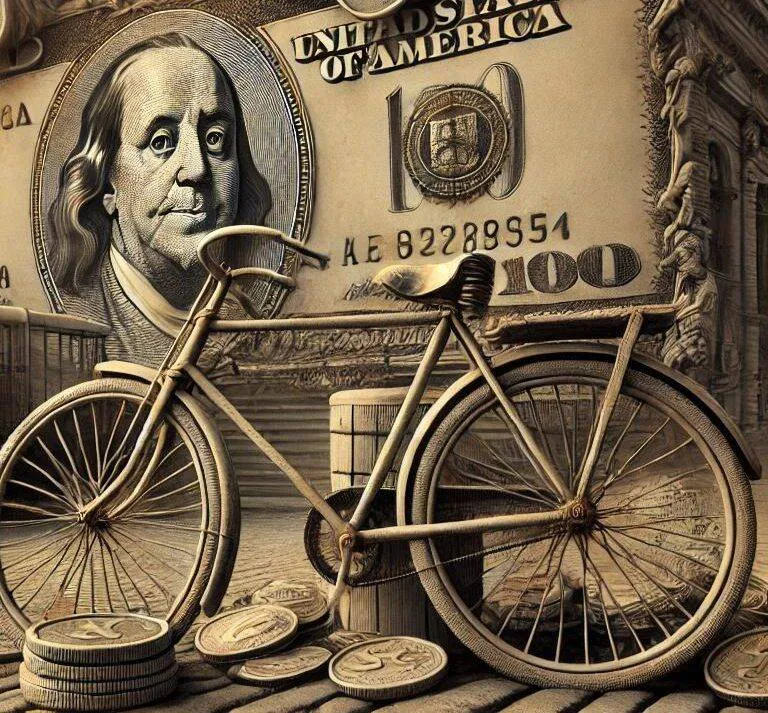 Dolares-y-una-bicicleta-antigua-en-primer-plano-con-simbolos-del-mercado-financiero-y-la-pobreza-y-edificios-contrastantes-en-segundo-plano-en-tonos-cepia-e1737126147826