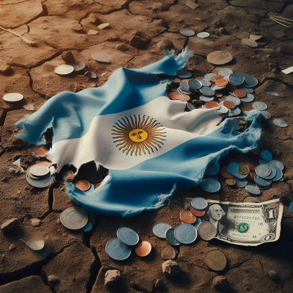 Una-bandera-argentina-rota-medio-enterrada-en-un-terreno-seco-con-monedas-y-billetes-que-parecen-dispersarse-al-viento