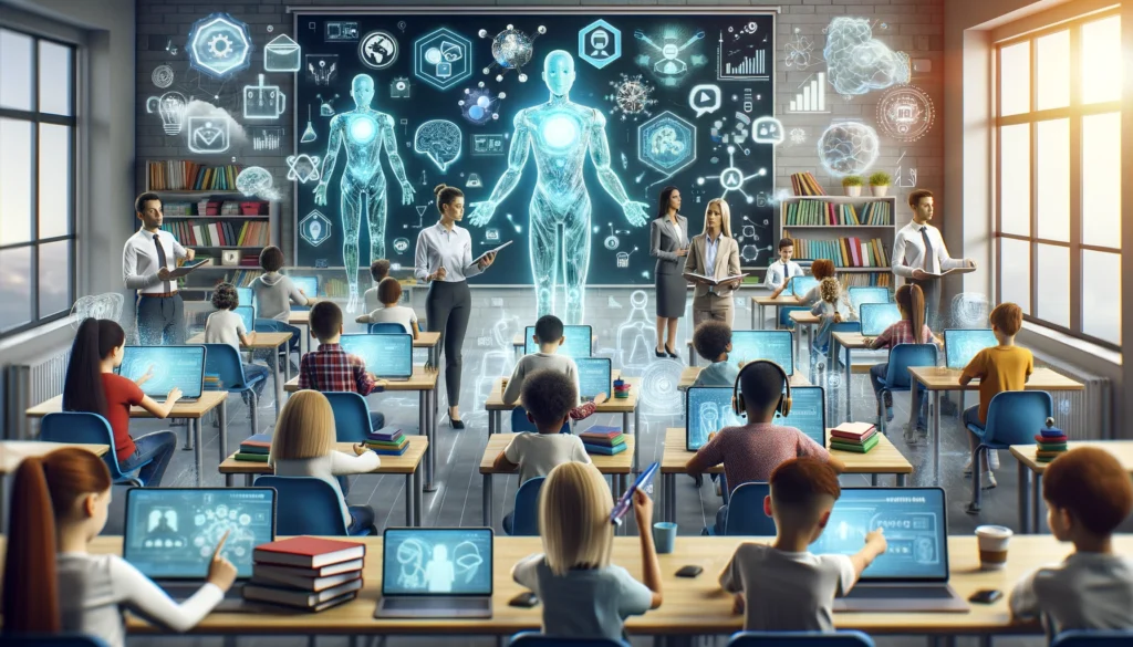 DALL·E-2024-06-03-19.03.29-A-wide-image-illustrating-the-impact-of-AI-on-learning-teaching-and-education.-The-scene-should-be-a-modern-classroom-setting-with-students-of-vario-1024x585