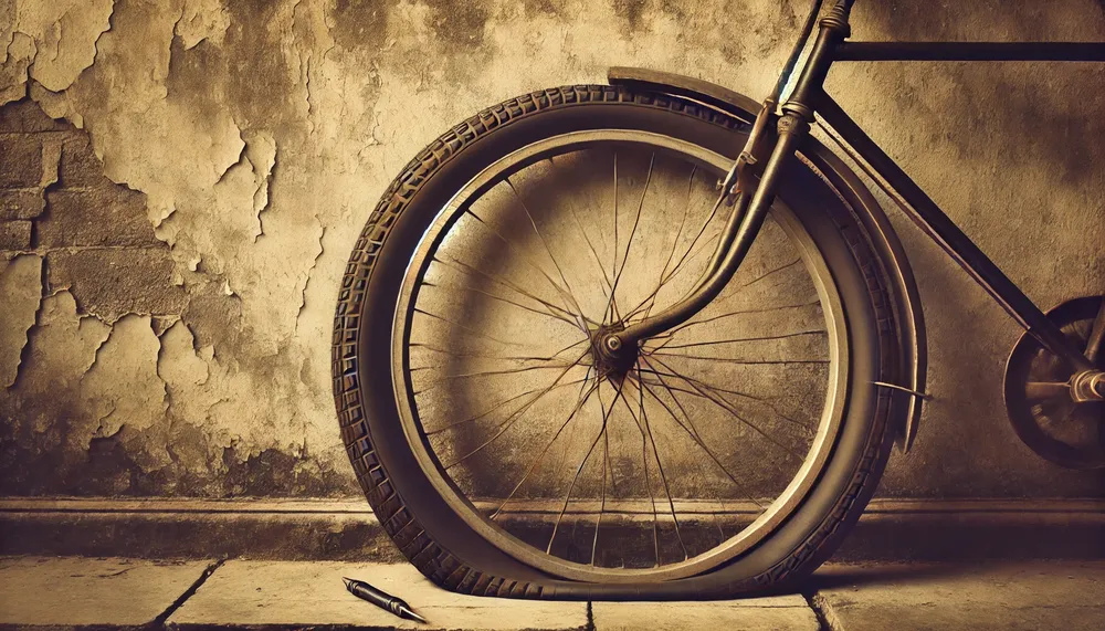 DALL·E-2025-03-28-21.38.51-A-vintage-bicycle-wheel-in-sepia-tone-leaning-against-a-weathered-peeling-wall.-The-tire-is-visibly-flat-and-deflated-making-it-clear-that-it-is-pu