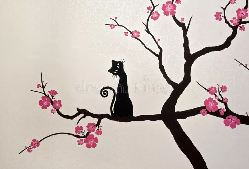 gato-que-se-sienta-en-una-rama-floreciente-de-sakura-pintura-del-papel-pintado-32726305